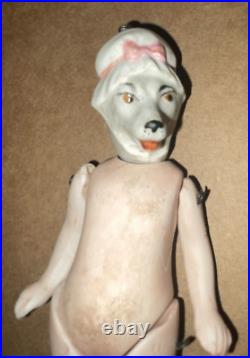 HTF! Antique GERMAN All Bisque MOLDED BONNET Animal Head Doll DOG/WOLF