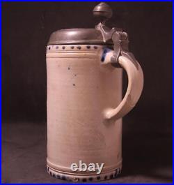 Larger Antique Early German Westerwald Stoneware Beer Stein Walzenkrug c. 1790s