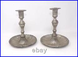 Pair Early 18th Cent. German Baroque Pewter Candlesticks -bowl Base -6 3/4 Tall