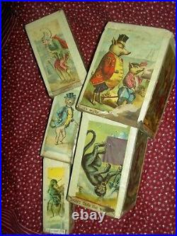 SET of 5, early antique wood lithographed, charming German 1880s nesting blocks