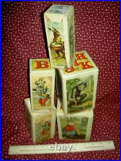SET of 5, early antique wood lithographed, charming German 1880s nesting blocks
