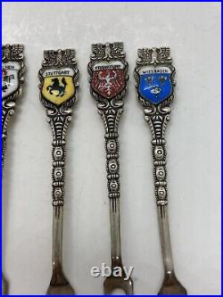 Very Rare German Sterling Silver Appetizer Picks Fork Enameled Germany Cities C3