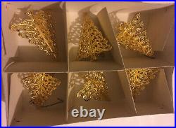 Vintage West German Tin/ Alum. Christmas Ornaments 6pk TREES GOLD Perfect Cond
